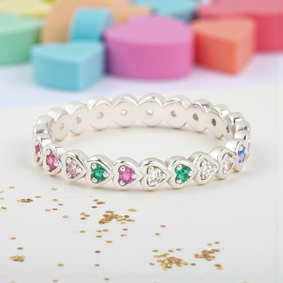 ποΈRainbow Heart Ring S925 Sterling Silver Dainty Minimalist Bundle Offer Sz 7.5 - Picture 7 of 14